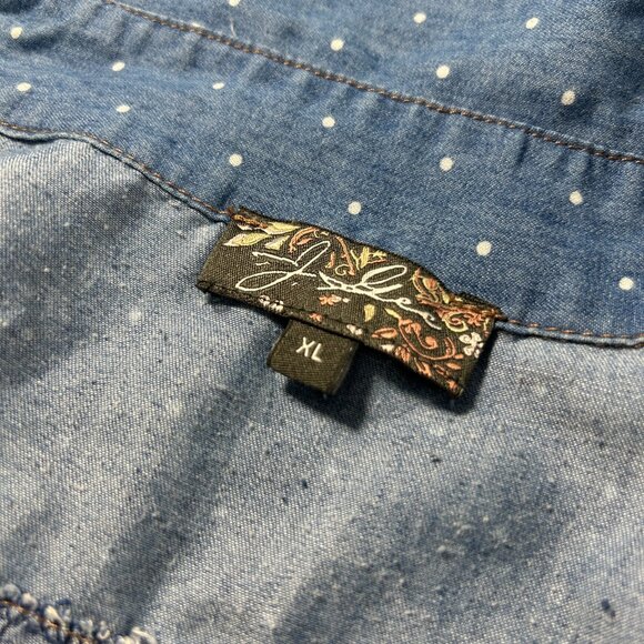 J Glee Blue Chambray Size XL Dress Polka Dot Zip Front Elastic Waist Tab Sleeves - Picture 5 of 12